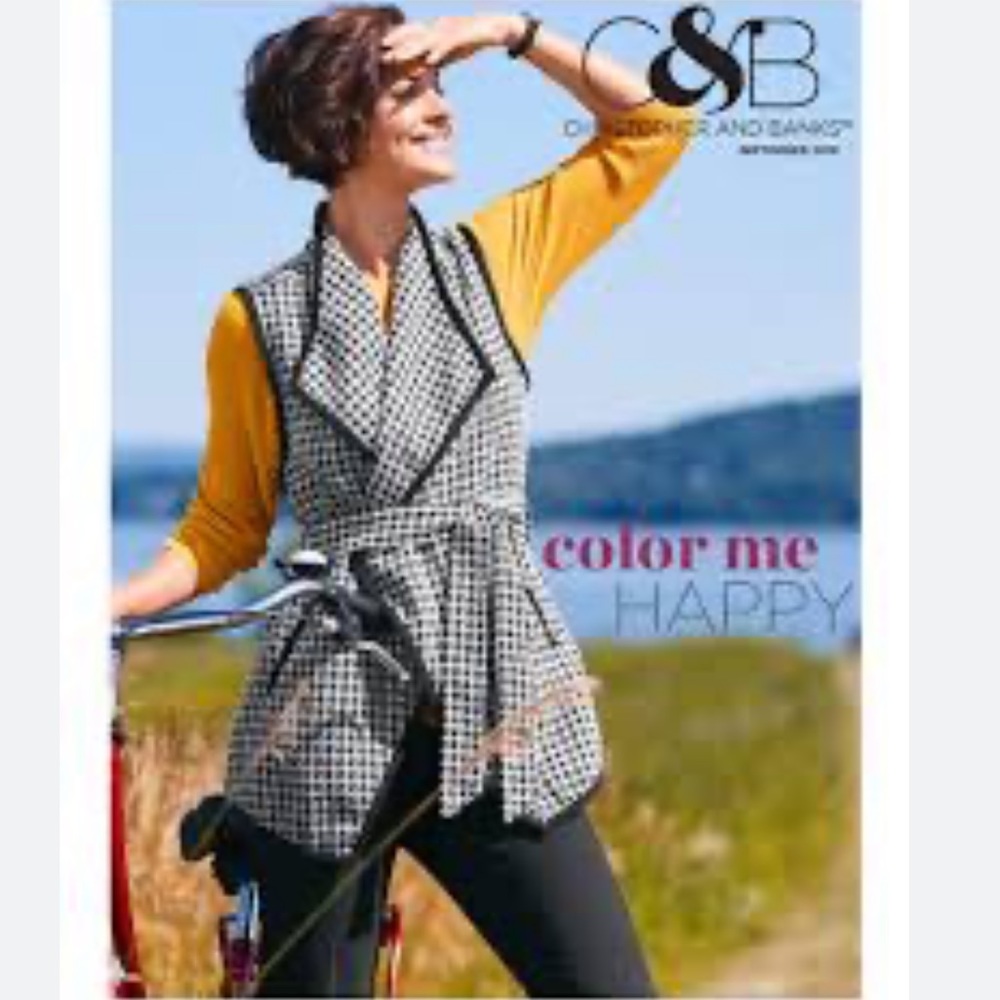 Christopher & Banks Houndstooth Tunic Length Tie Waist Cardigan Vest Large Lapel
